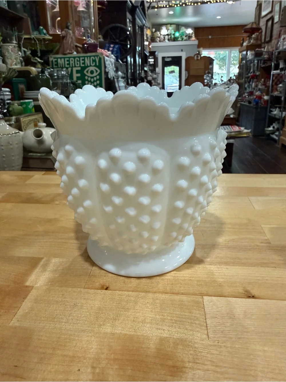 Large Fenton White Hobnail Milk Glass Scalloped Vase - Decorative Planter